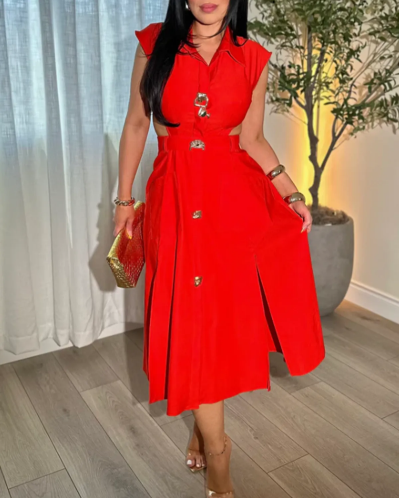 Business Suit Sleeveless Shirt Collar Dress Waist Hollow Design Long Skirt