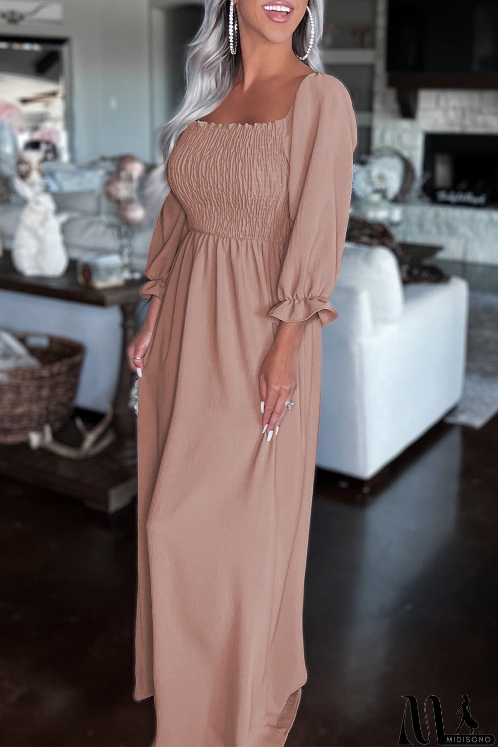 MidiSono - Khaki Smocked Ruffled Wrist Bubble Sleeve Maxi Dress