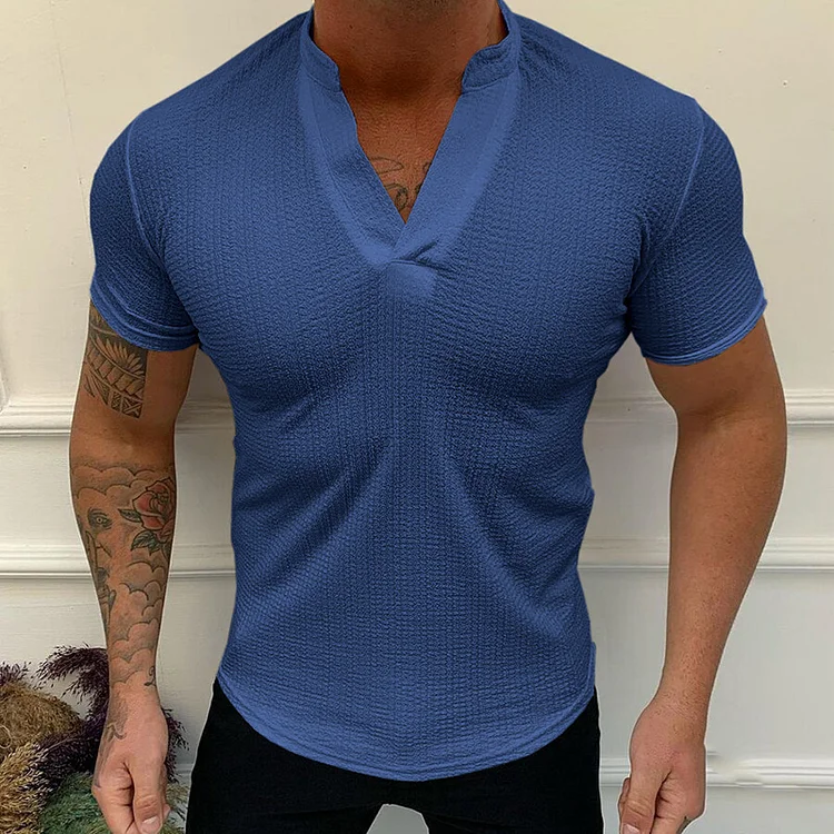 Summer Men's Solid V-Neck Casual Short Sleeve T-Shirts at Hiphopee