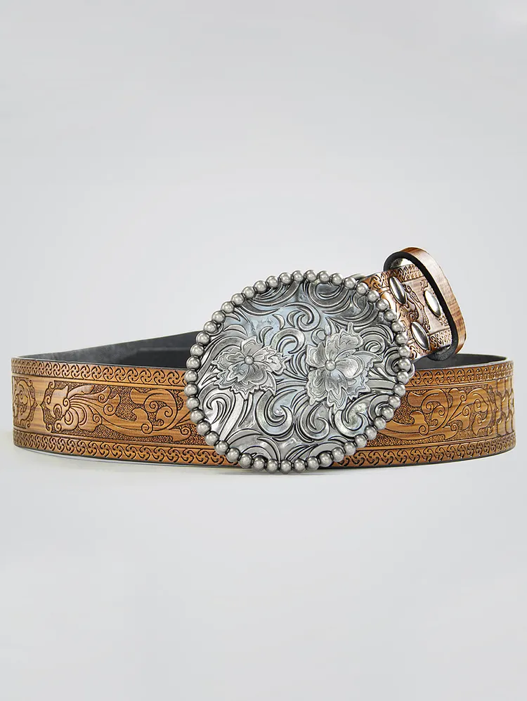 Western Retro PU Leather Floral Carved Belt