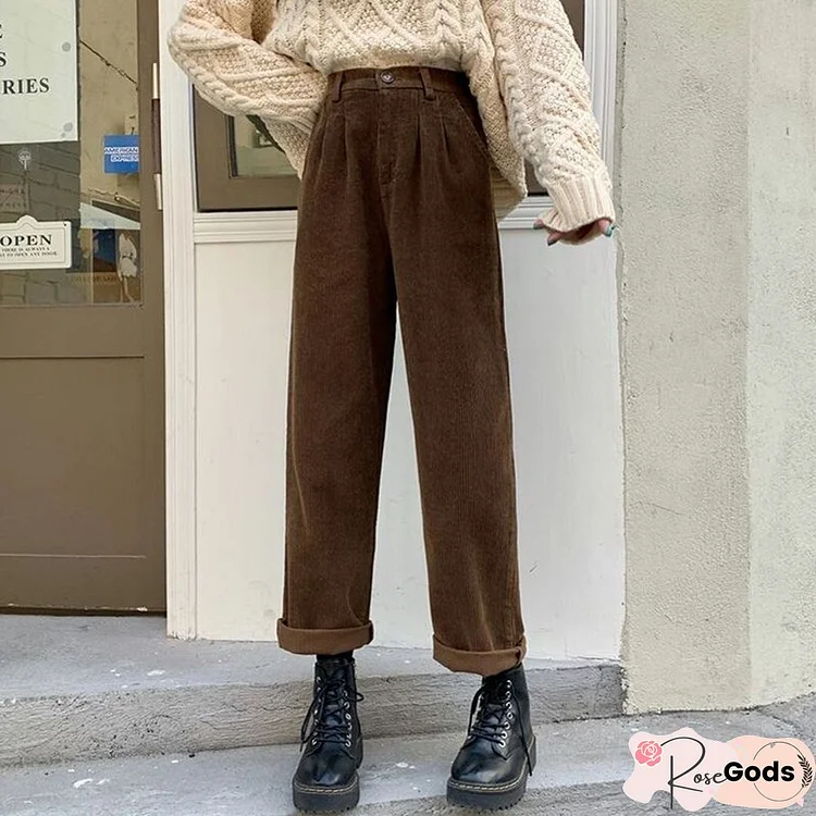 Vintage Brown Corduroy Pants Women Loose Casual Lady Straight Pants Korean Street Wear High Waist Black Hot Pants New