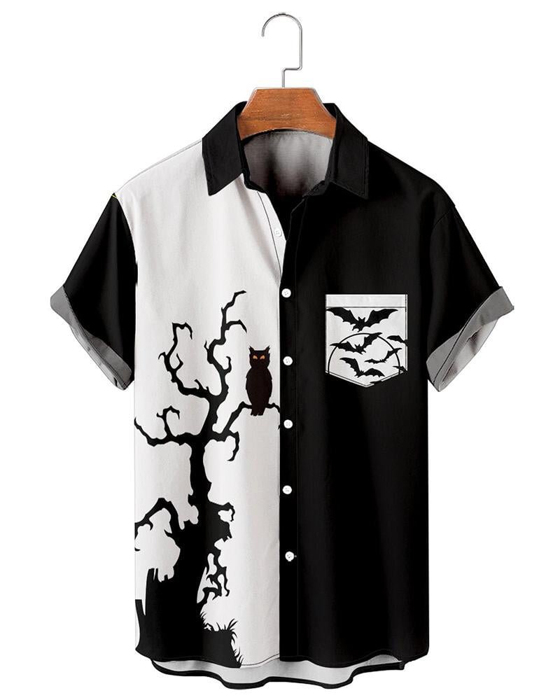 Men's Contrast Owl Bat Design Short Sleeve Shirt