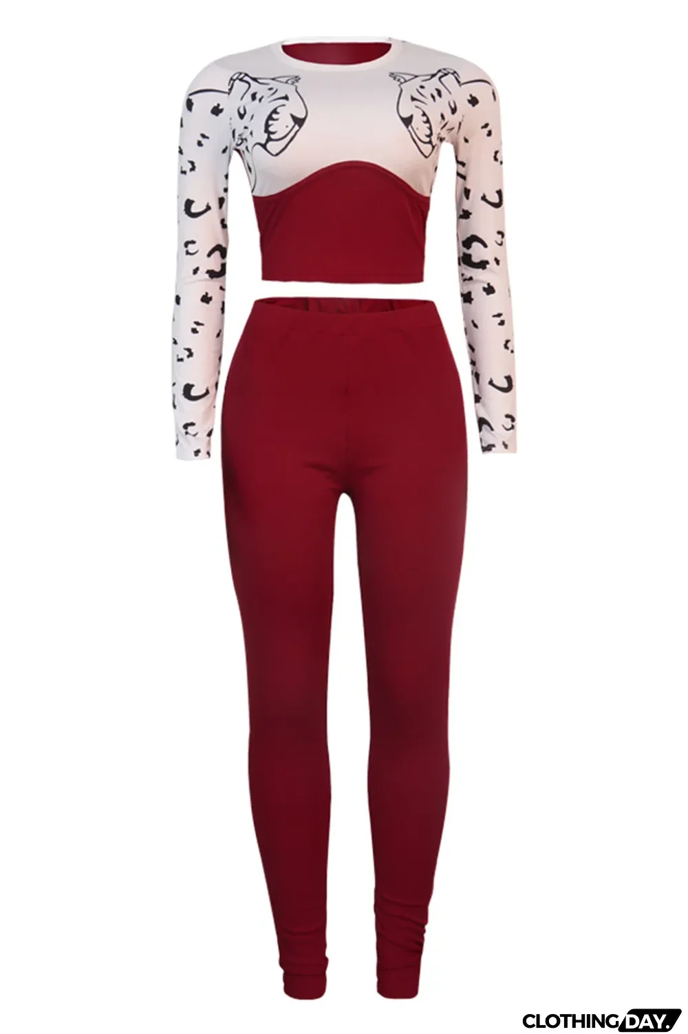 Red Fashion Casual Print Split Joint O Neck Long Sleeve Two Pieces