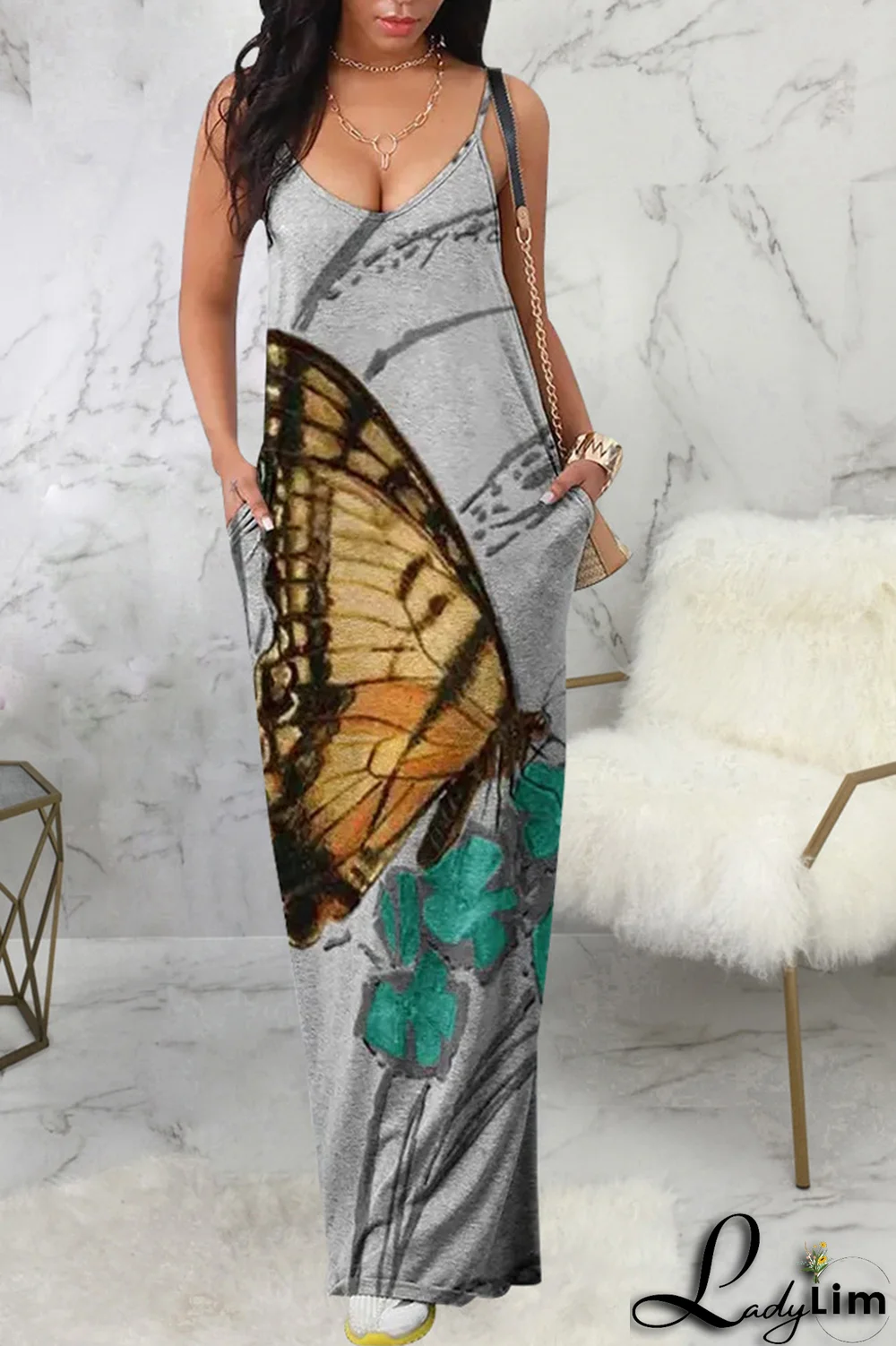 Camel Fashion Print Patchwork Spaghetti Strap Straight Dresses