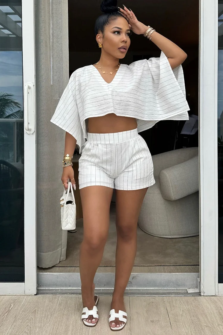 Bat-Wing Sleeve V Neck Crop Top Pinstripe Shorts 2pcs Set-White