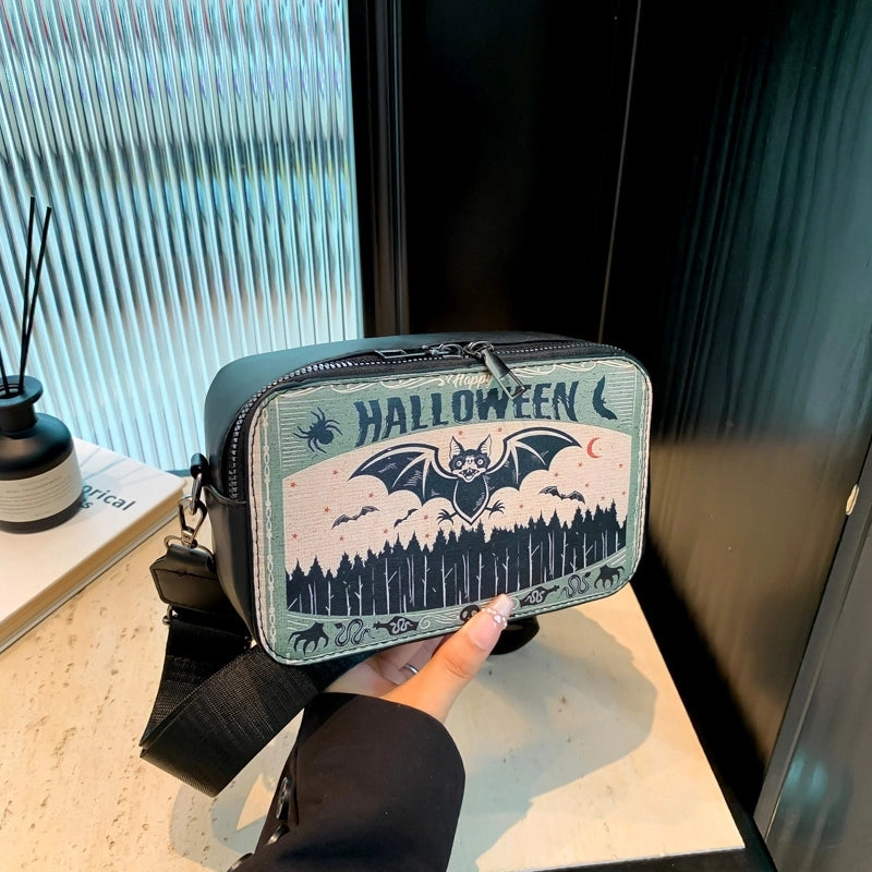 Halloween Women’s Pu Leather Pumpkin Letter Ghost Streetwear Square Zipper Shoulder Bag Crossbody Bag