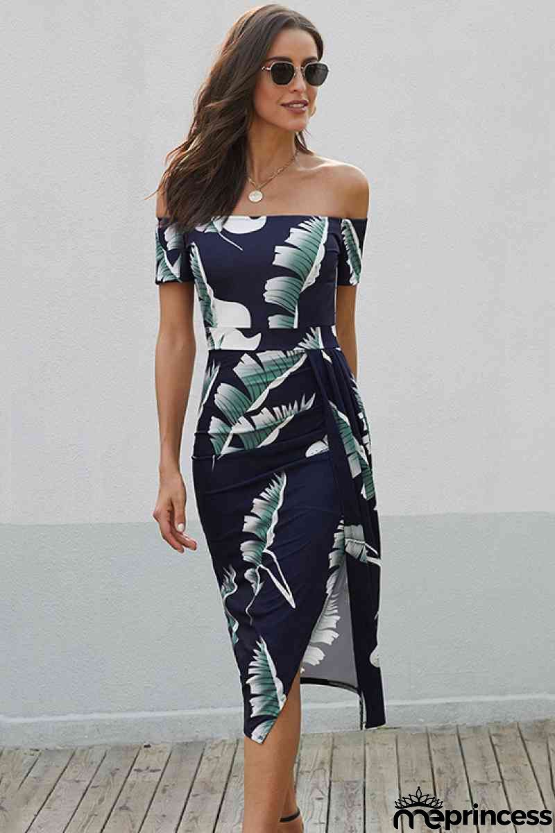 Dark Blue Floral Print Short Sleeve Off Shoulder Midi Dress