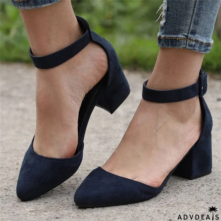 Women Stylish Casual Comfort Suede Pointed Toe Chunky Heel Pumps Sandals