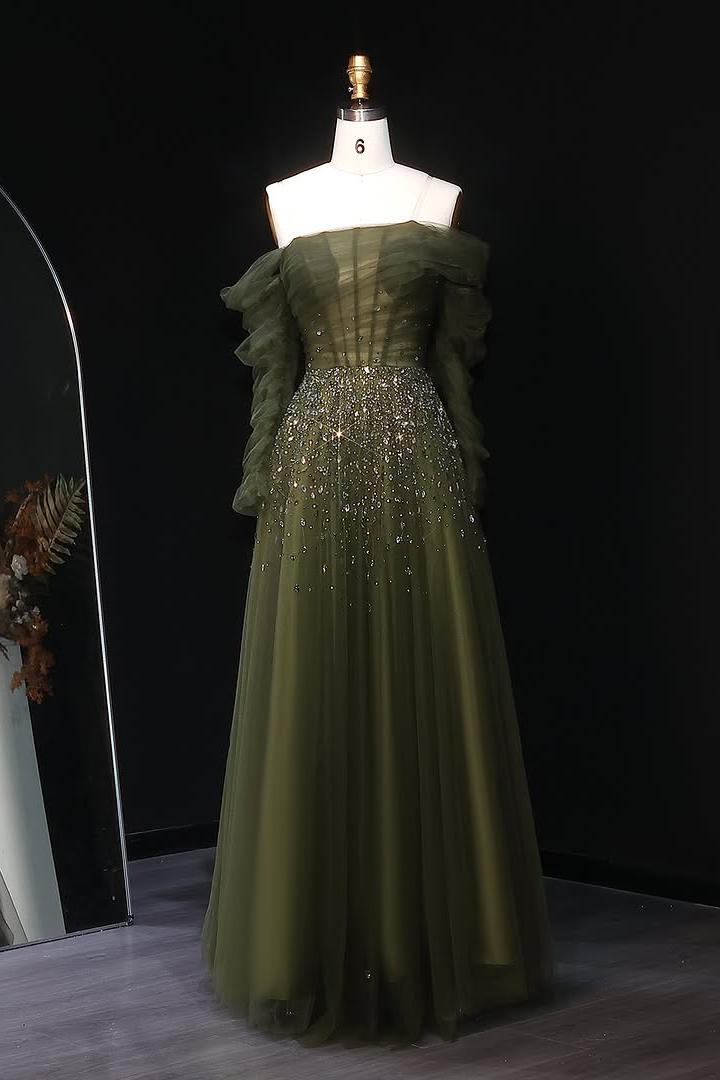Shinning Deep Green Tulle Long Sleeves Beaded Off the Shoulder Prom Dress with Pleated | MS0739 