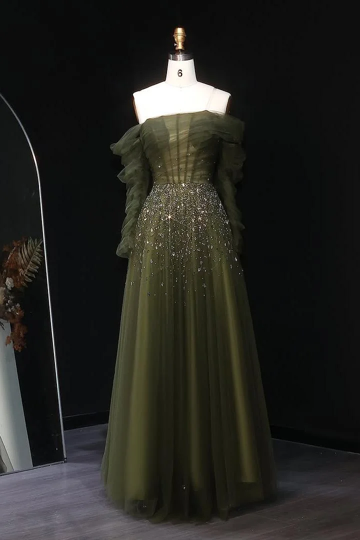 Miabel Shinning Deep Green Tulle Off the Shoulder Beaded Long Sleeves Prom Dress with Pleated  
