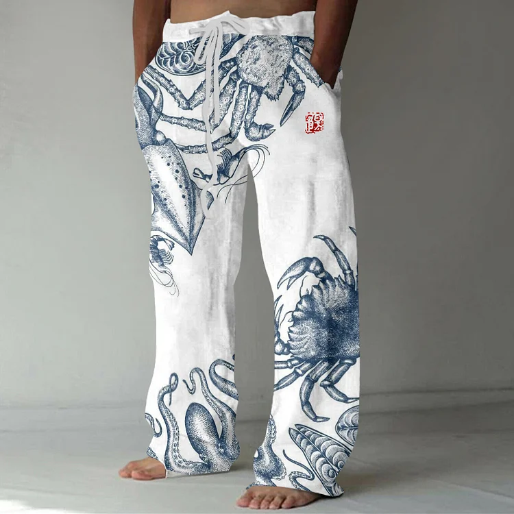Japanese Art Octopus And Crab Print Casual Linen Blend Pants