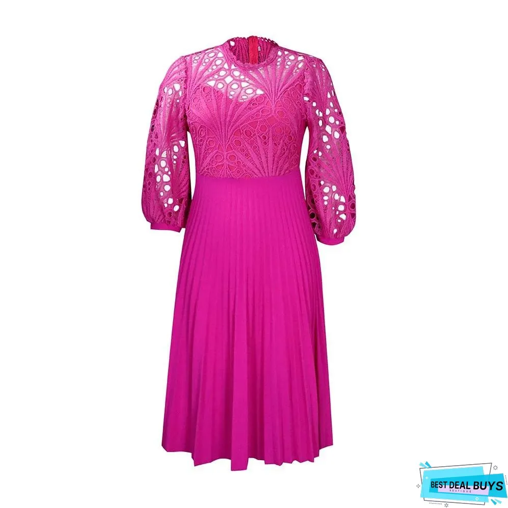 Large size lace crochet sexy openwork pleated dress dress