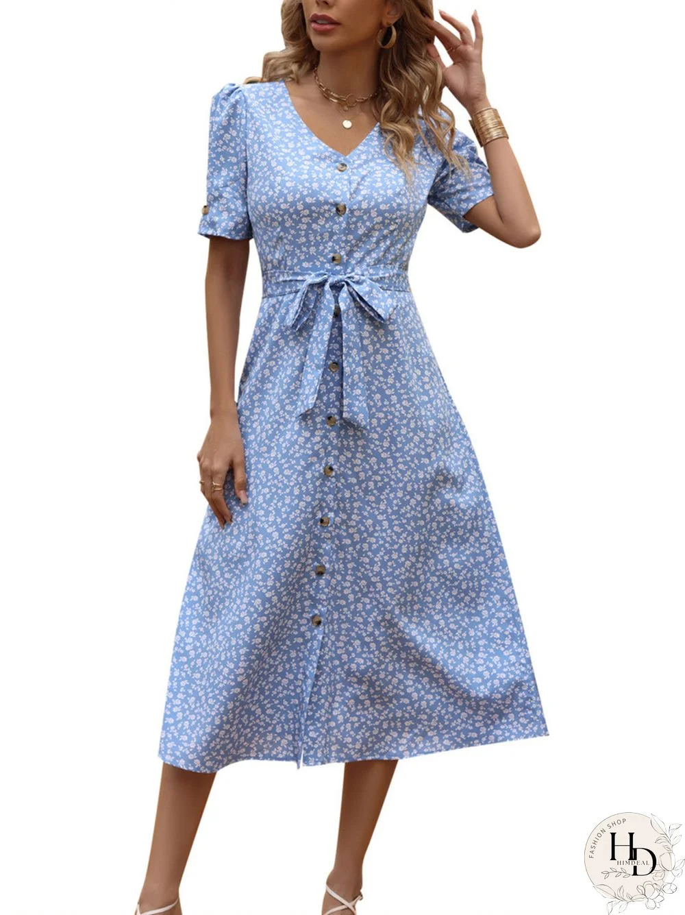 Summer Printed Dress Women Leisure Vacation Lace Up Dress Large Swing Dress Print Knotted Dress Spring New