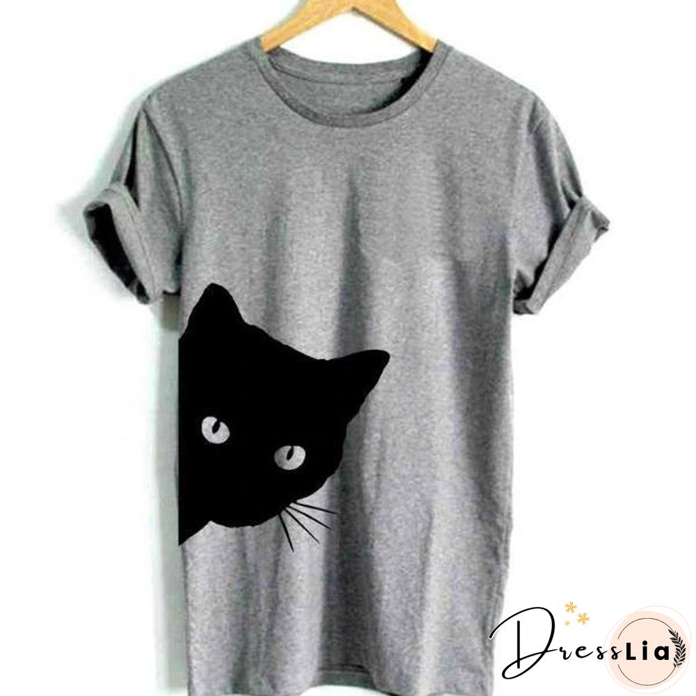 Cat Looking Print Women T-Shirt Cotton Casual Top Tee