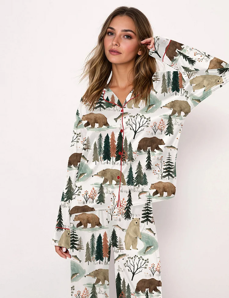 Women's Fishing Bear Woodland Long Sleeve  Pajama Set