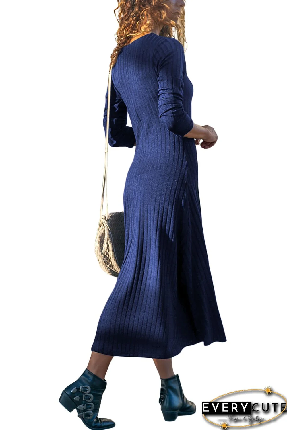 Blue Button Front Long Sleeve Ribbed Midi Dress