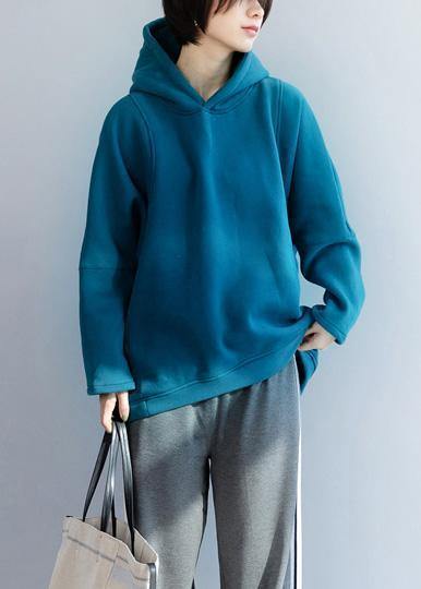 VCSHOES Loose blue cotton tunic top baggy hooded tops