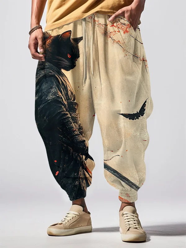 Men's The Legendary Black Cat Warrior Print Loose Drawstring Waist Sweatpants