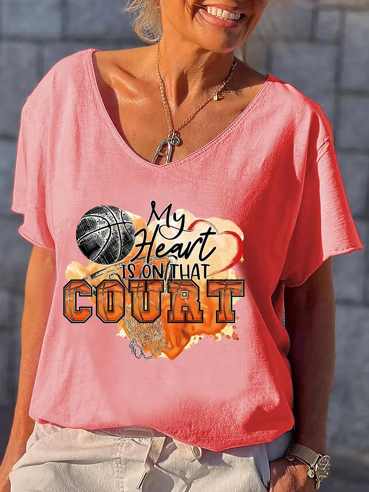 My heart is on that court Basketball V Neck T-shirt-Annaletters