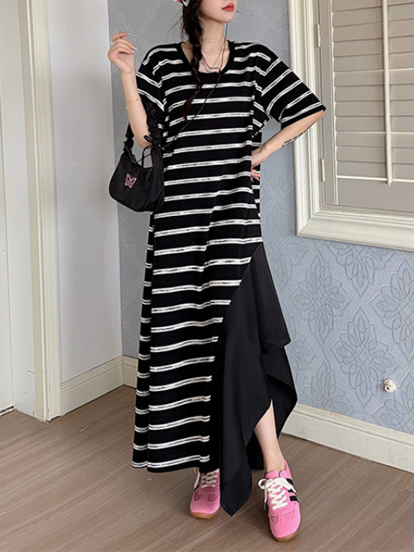 Striped Patchwork Irregular Hem Round Neck Maxi Dress