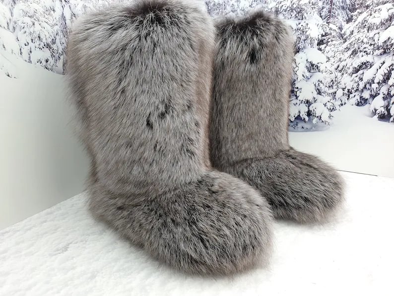 Luxury Gray arctic fox fur boots 40 EU Real Ice fox winter boots for women