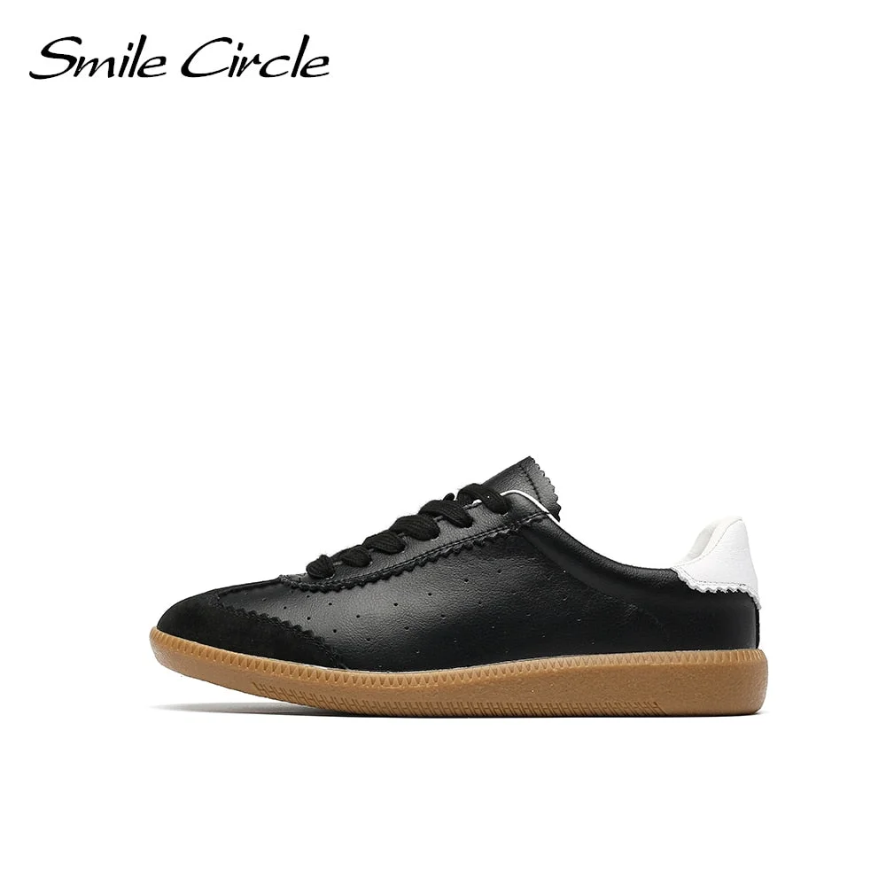 Smile Circle Women Sneakers Flat Platform Shoes Spring Breathable Casual Shoes Women White Leather Lace-up low-top trainers