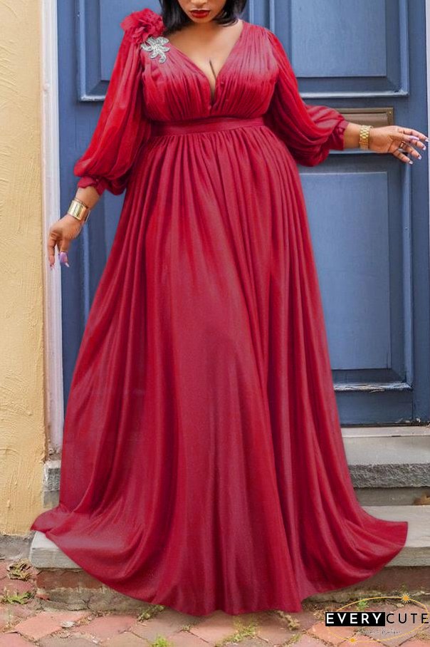 Plus Size Plain Dresses Long Sleeve Lantern Sleeve Maxi Dress