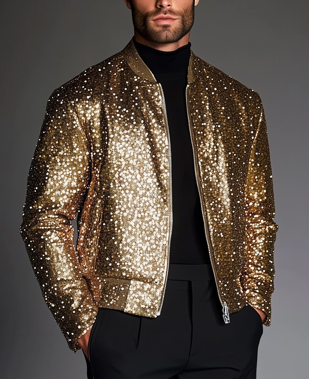 Okaywear Stand Collar Long Sleeve Zip Up Sequin Jacket