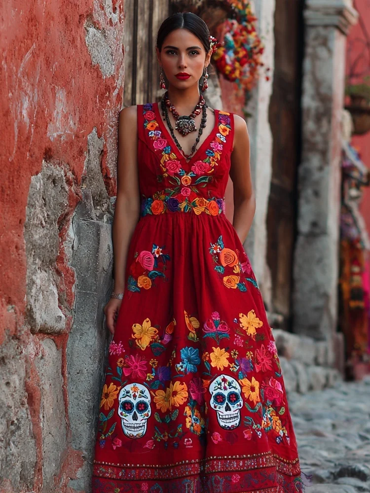 VChics Day Of The Dead Sugar Skulls Flowers Embroidered Linen Maxi Dress