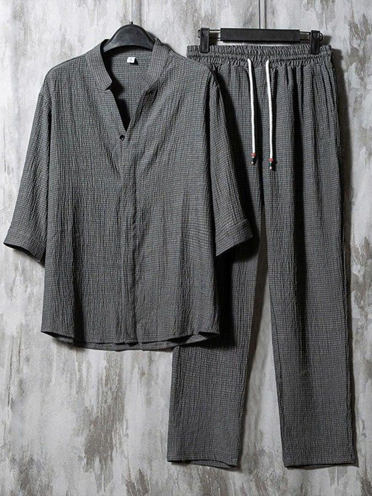 Comstylish Vintage Linen Solid V-Neck Half Sleeves Shirt And Pants Two-Piece Set