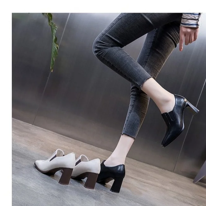 Yyvonne Heel Single Shoes Women's New High-Heeled Shoes British Wind Head Deep Mouth Small Leather Shoes Square Women's Shoes Black Low-Top Shoes