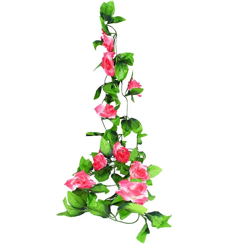 2.4m Silk Artificial Roses Flowers Rattan String Vine with Green Leaves For Home Wedding Garden Decoration Hanging Garland Wall