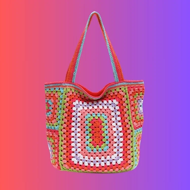 Lulusnow Handmade Yellow Granny Square Beach Summer Bag,Vintage Handbag for Travel Crochet Shoulder Bag  