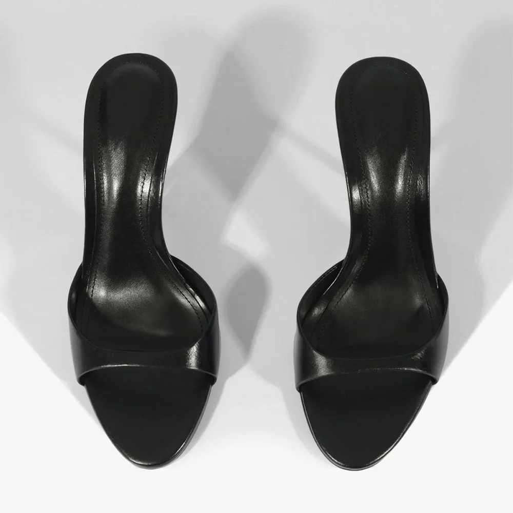 Chic Black Open Round Toe Stiletto Heel Slip On Mules for Women