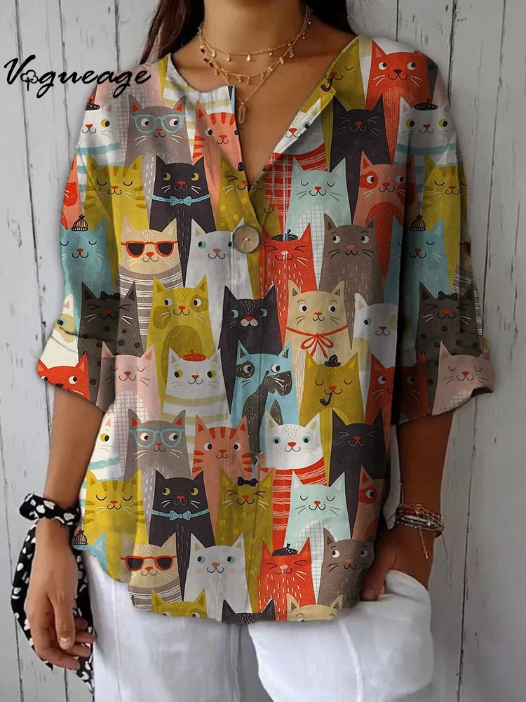 Cute Funny And Humorous Cat Puzzle Printed Cotton And Linen Shirt