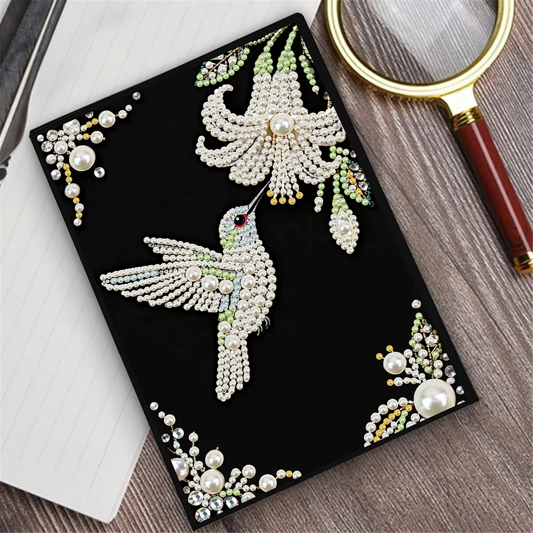 Flowers and Hummingbirds Partial Pearl DIY 50 Pages A5 Diamond Painting Notebook Special Shaped Diamond Art Diary Book Kits Wireless Strip 5D Crystal Art Paintings Sketchbook for Art Drawing