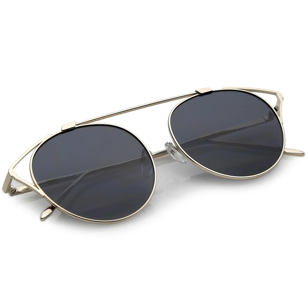 Oversize Open Metal Cat Eye Glasses With Crossbar Round Tinted Flat Lens 55mm