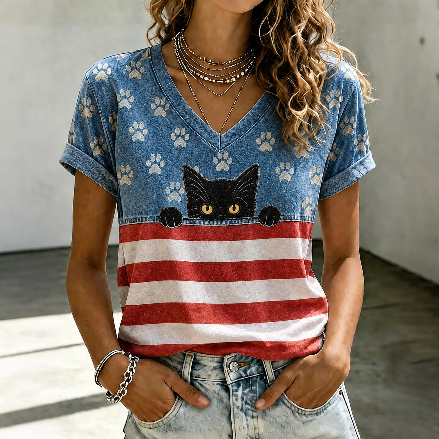 Vintage Independence Day American Flag Cat Art Casual Washed T-shirt elevenforest