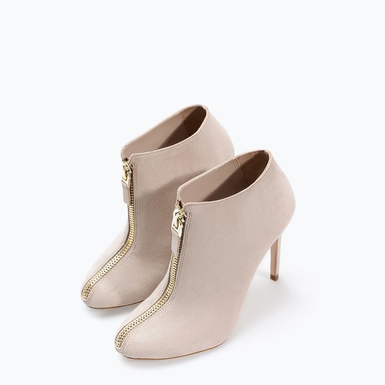 Nude Stiletto Boots Round Toe Suede Heeled Ankle Booties for Work |FSJ Shoes
