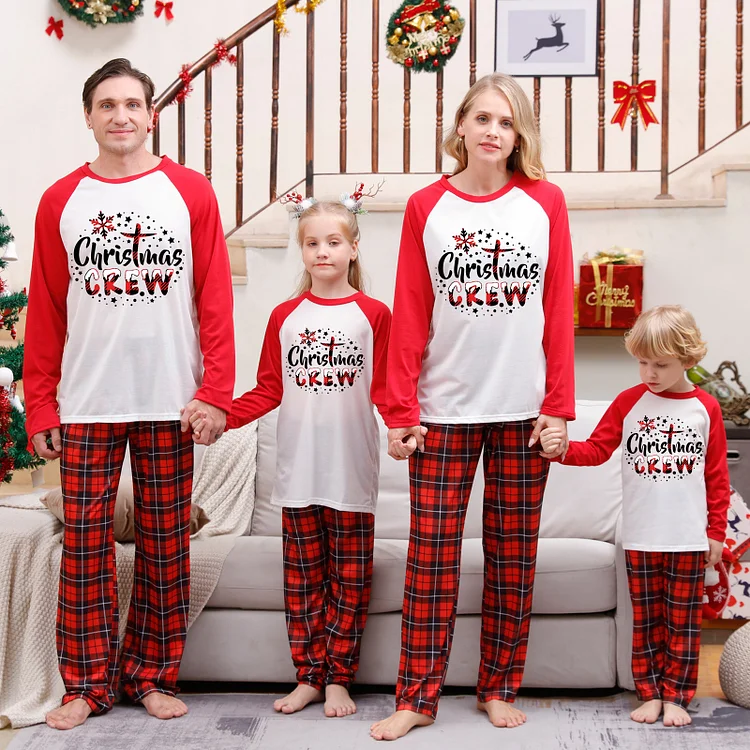 'Christmas Crew' Snowflakes Cartoon Print Cousin Crew Red Plaid Family Matching Pajamas Sets