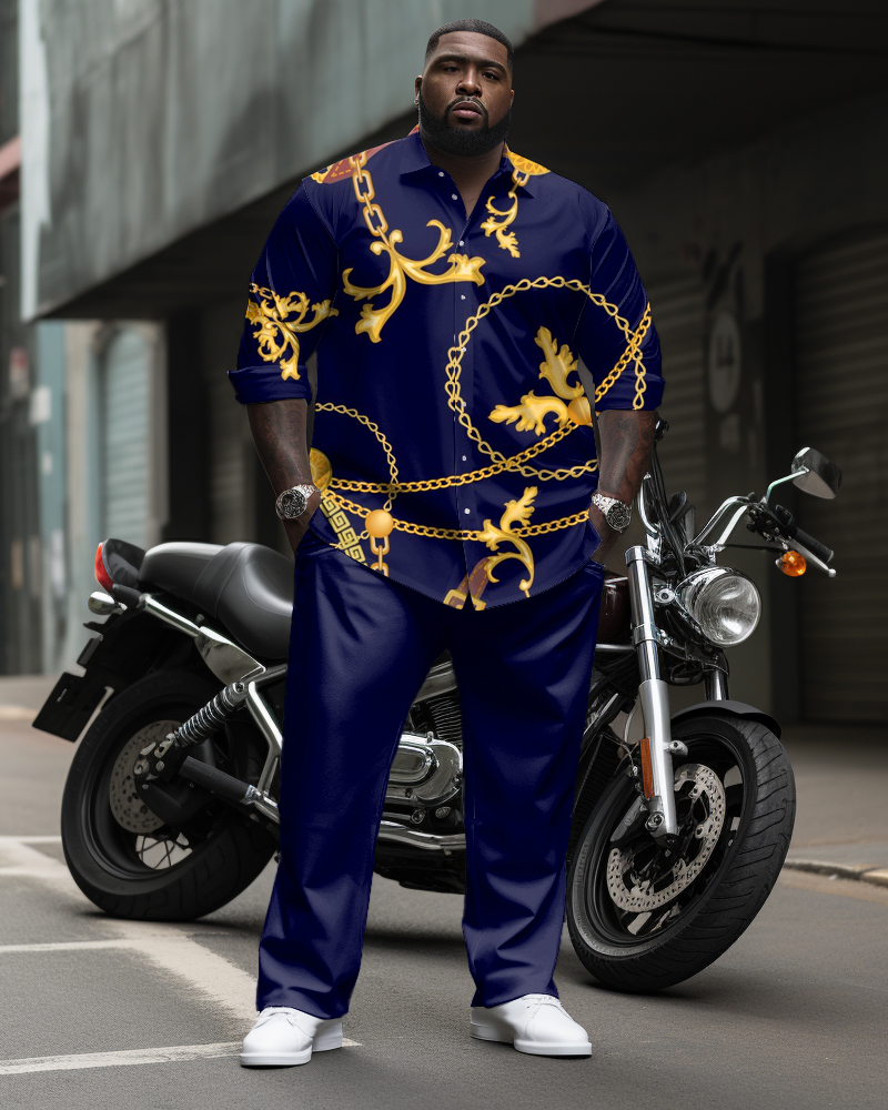 Vintage Chain Printed Long Sleeve Leverage Shirt 2 Piece Set Men's Plus Size