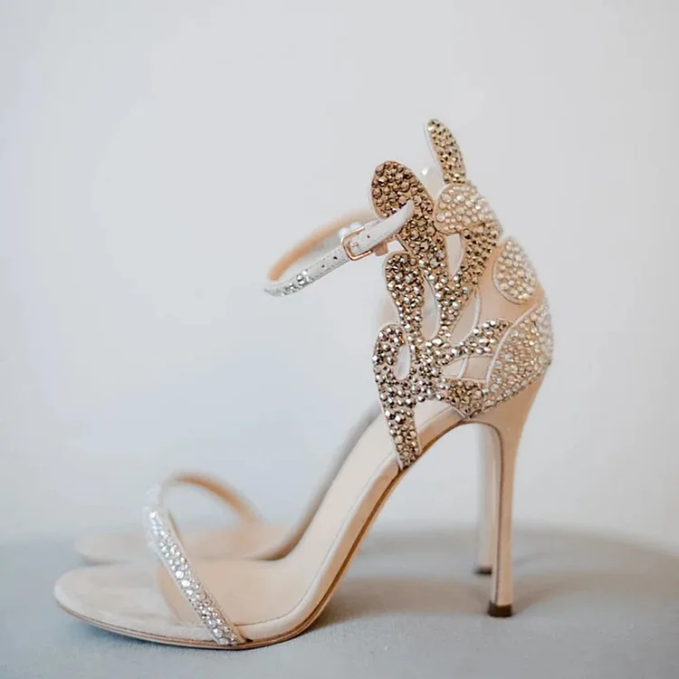 Champagne Wedding Shoes Rhinestone Stiletto Heels Bridal Sandals |FSJ Shoes