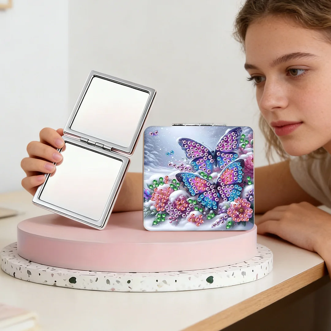 Butterfly Flowers DIY Special Shaped Diamond Painting Compact Mirror Kits Diamond Art Painting Pocket Mirror for Beginners Adults Art Craft Woman Gifts