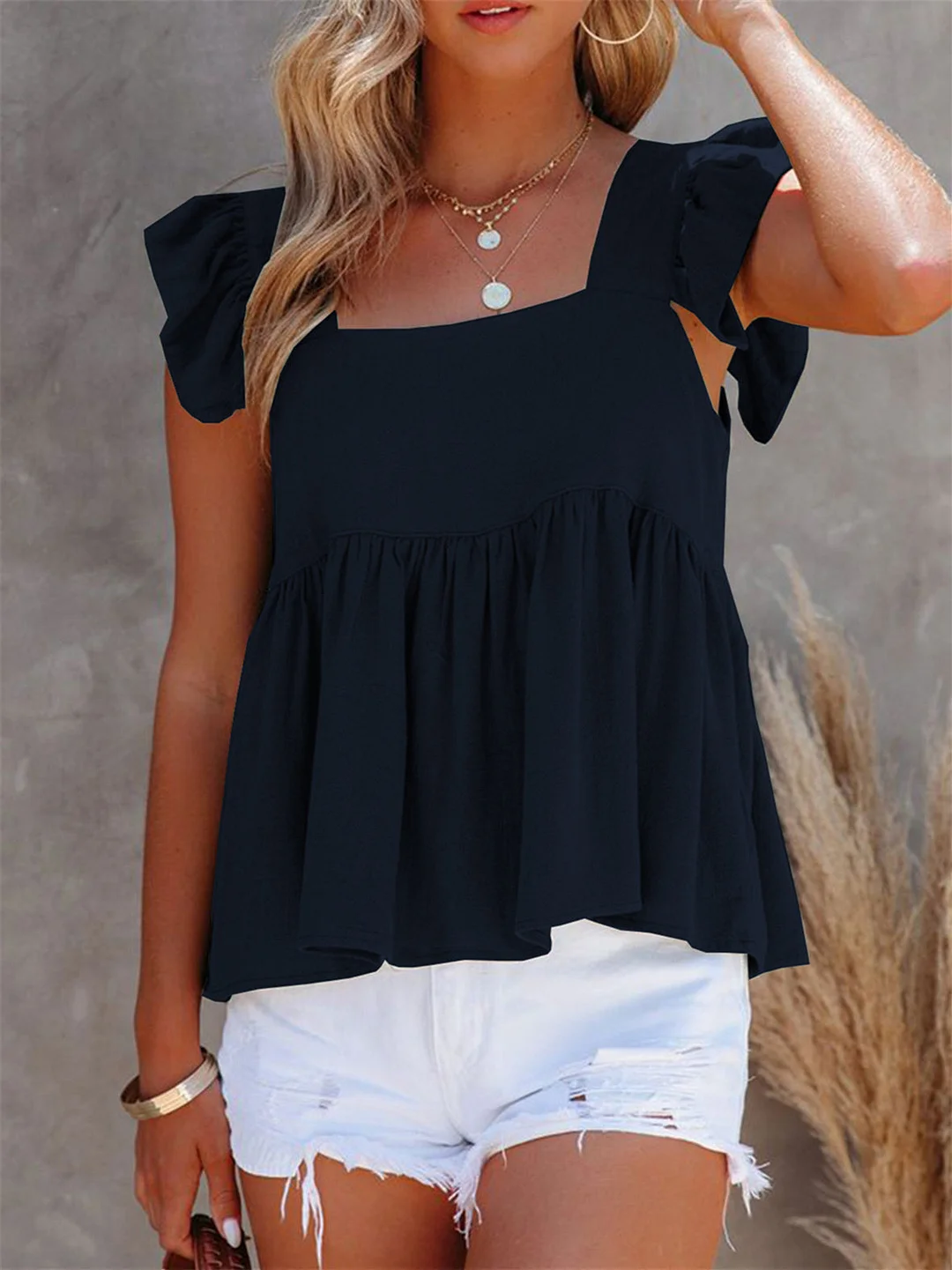 Women's Sleeveless Square Collar Pure Color Top