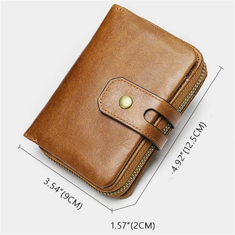 Genuine Leather Retro Multiple Compartment Card Slot Zip Closure Mini Wallet