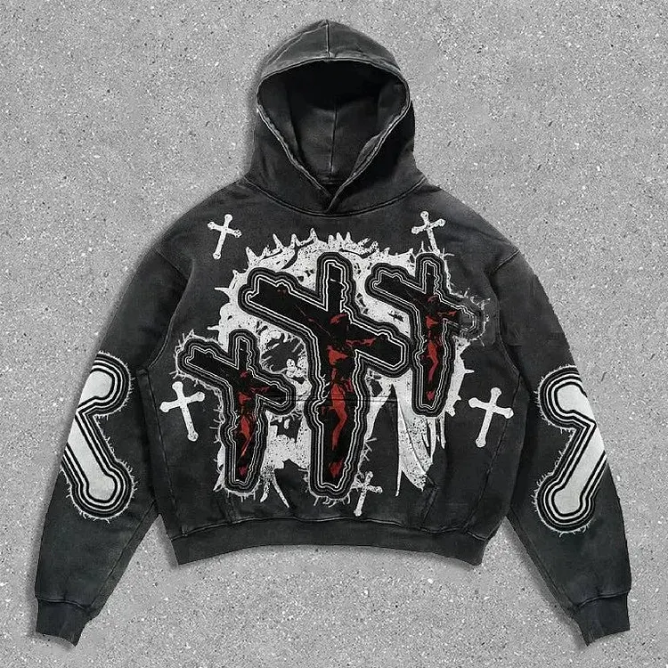 Gothic Cross Graphic Pullover Hoodie