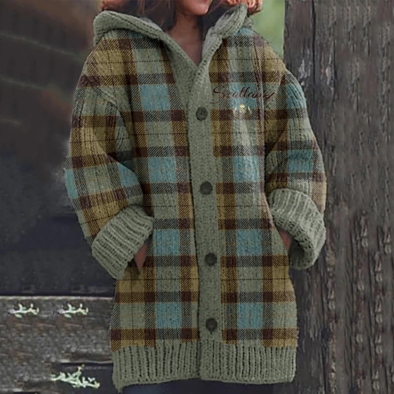 Vintage Scotland Plaid Knit Hooded Sweater Cardigan
