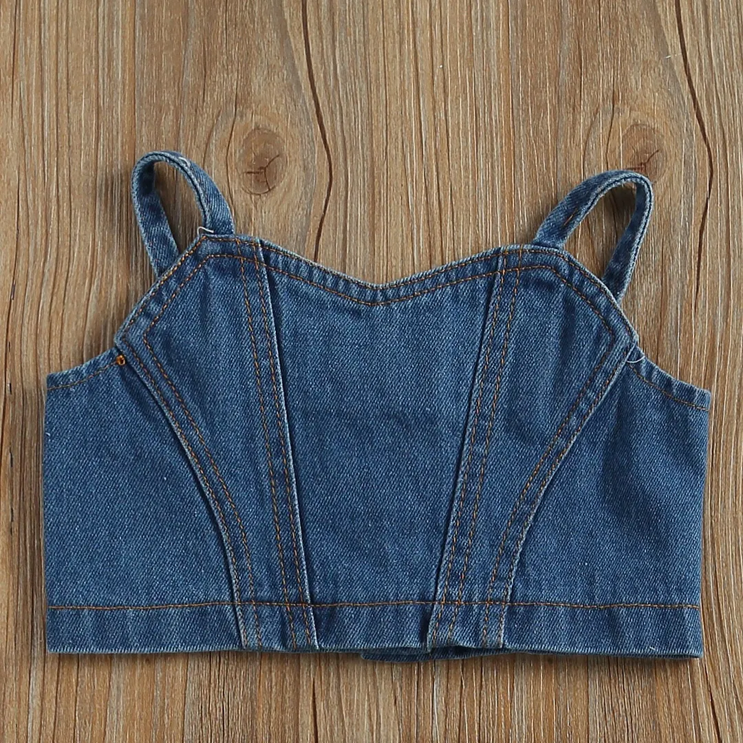 2021 Baby Summer Clothing 2Pcs Toddler Baby Girl Summer Outfits, Casual Button Down Denim Crop Tank Tops + Camouflage Pants Set