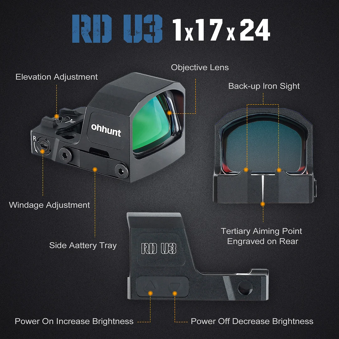 ohhunt® 1x24x17mm Green Dot Sight 3 MOA RMS/RMSc Footprint Reflex Sight with 21mm Picatinny Rail Mounts Shake Awake IPX7 Waterproof Shockproof 1500G