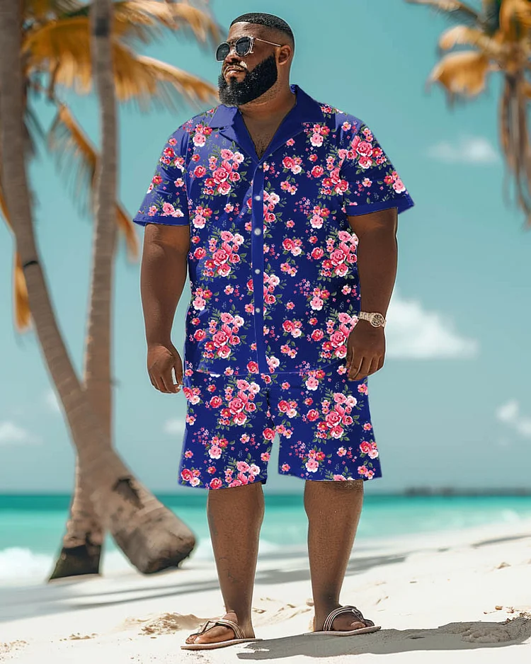 Men's Plus Size Casual Floral Print Short Sleeve Shirt Shorts Suit